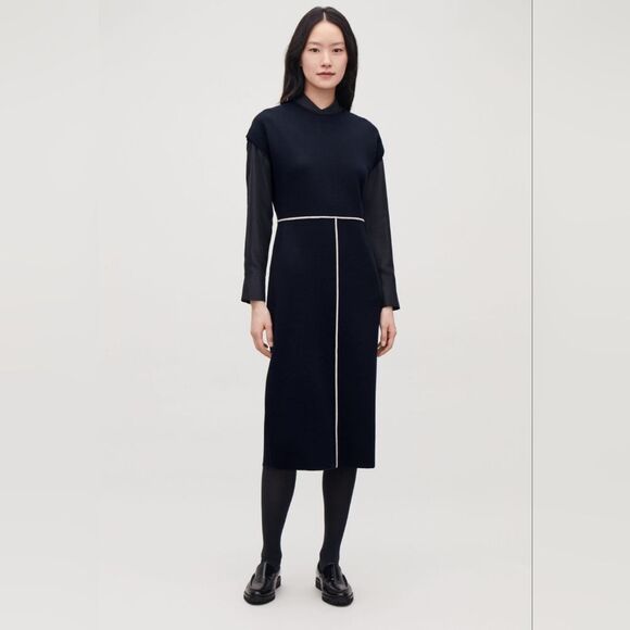 Cos navy wool blend midi dress grey contrast piping trim size M - Picture 3 of 12